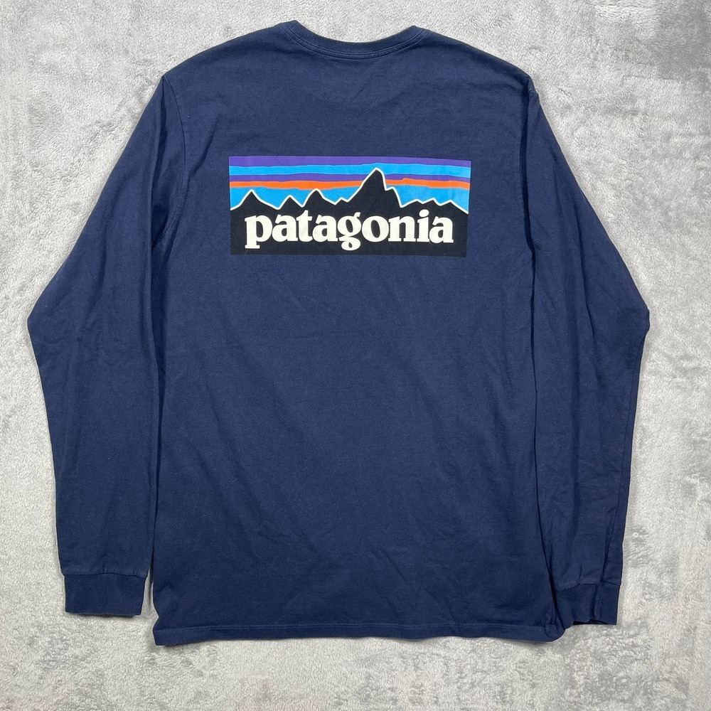 Patagonia Responsibili-Tee Mens Medium Blue Long Sleeve P-6 Logo Graphic T-Shirt - Picture 5 of 6